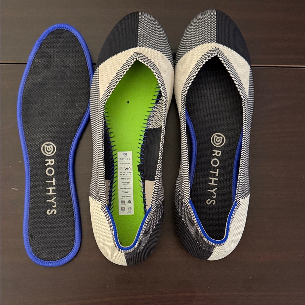 Rothy's Black and Cream Flats with Blue Trim